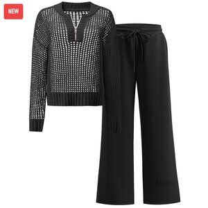 Crochet Knit Sweater Top Wide Leg Pant Lounge Set Size Small